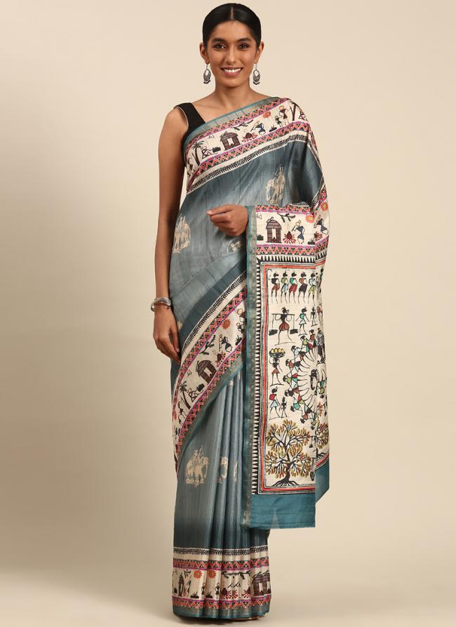 Cotton Sky Blue Casual Wear Printed Saree